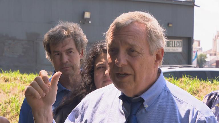 U.S. Sen. Dick Durbin holds a press conference Thursday, Aug. 9, 2018 in front of S.H. Bell’s industrial facility along the Calumet River on the city’s Southeast Side. (Chicago Tonight)