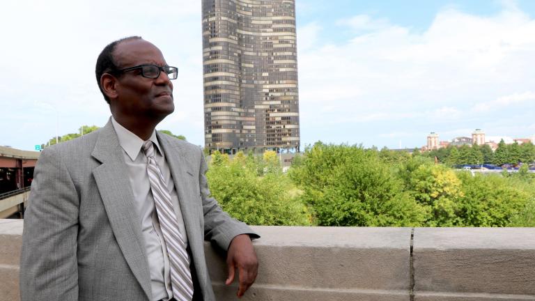 Dr. Serge Pierre-Louis stands in front of the DuSable Park site. "The leaders of Chicago can use the story of DuSable to solve the problems we're facing now," he said. (Evan Garcia / Chicago Tonight)