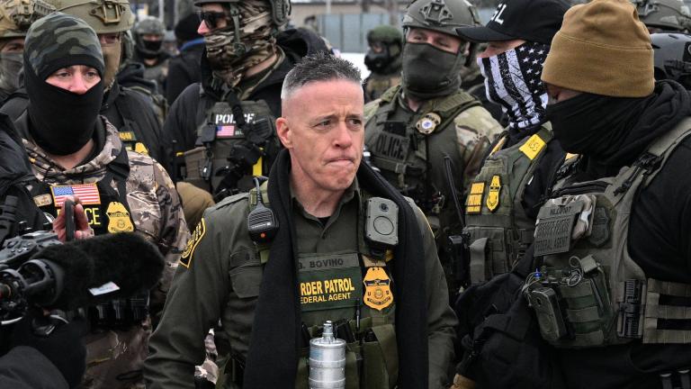 Border Patrol Commander Gregory Bovino with federal agents in Minneapolis on January 8, 2026. (AP Photo / Tom Baker)