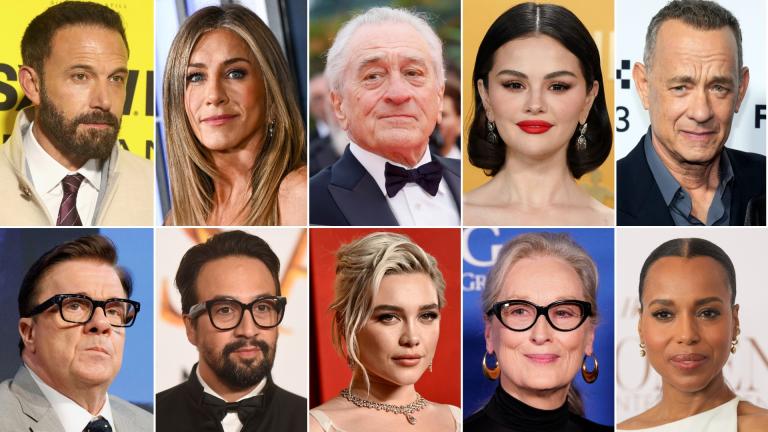 This combination of photos show celebrities, top row from left, Ben Affleck, Jennifer Aniston, Robert De Niro, Selena Gomez, Tom Hanks, bottom row from left, Nathan Lane, Lin-Manuel Miranda, Florence Pugh, Meryl Streep and Kerry Washington. (AP Photo)