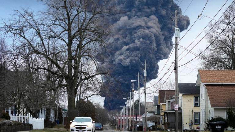 FILE - A black plume rises over East Palestine, Ohio, as a result of a controlled detonation of a portion of the derailed Norfolk Southern trains, Feb. 6, 2023. (Gene J. Puskar / AP Photo, File)
