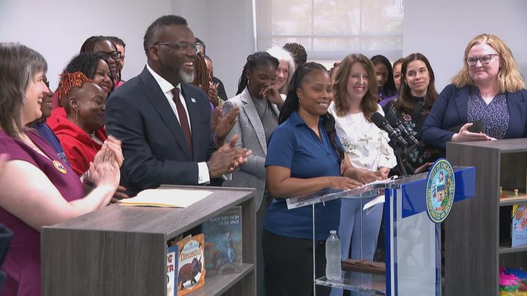 Tahiti Hamer, an early childhood teacher at the North Lawndale YMCA and SEIU Healthcare Illinois executive board member, speaks during a news conference at the North Lawndale YMCA on May 13, 2025. (WTTW News)