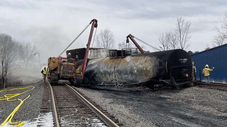 An overturned rail car is pictured at the crash site in East Palestine, Ohio. (Environmental Protection Agency)