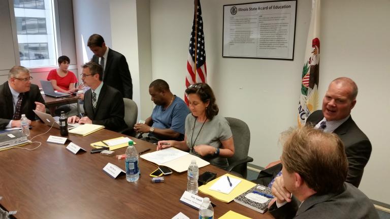 Illinois Education Secretary Beth Purvis, center, serves as chairperson for the state's newly formed School Funding Reform Commission. (Matt Masterson / Chicago Tonight)