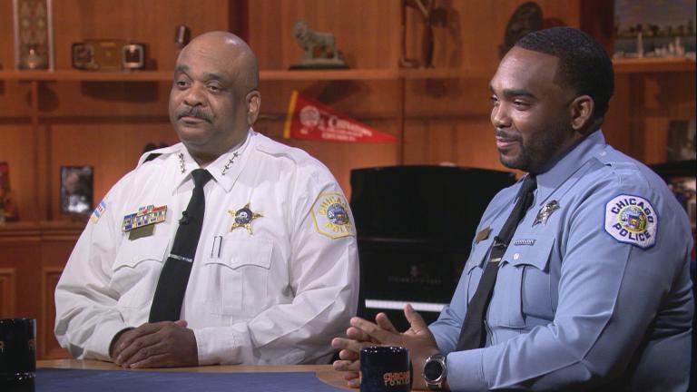 Chicago Police Superintendent Eddie Johnson, left, and Chicago Police Officer Daniel Johnson appear on “Chicago Tonight” on Aug. 28, 2019.