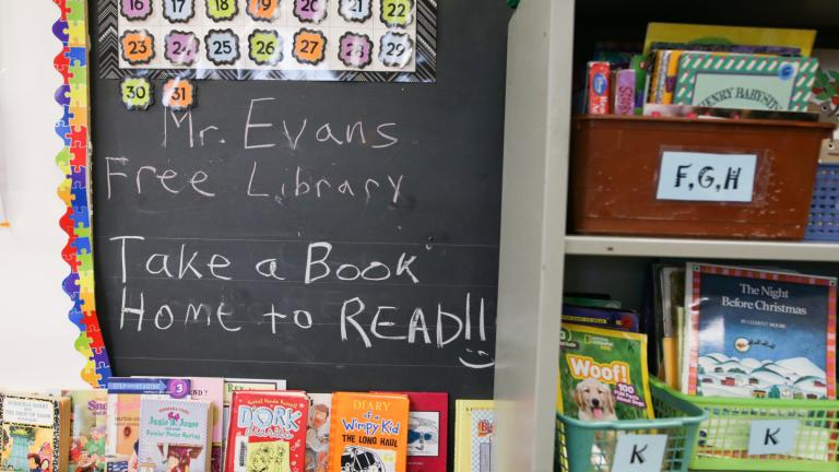 FILE - Books are displayed on a free library shelf inside the classroom of Richard Evans, a teacher at Hyde Park Elementary School, on Thursday, Oct. 20, 2022, in Niagara Falls, N.Y. (Joshua Bessex / AP Photo, File)