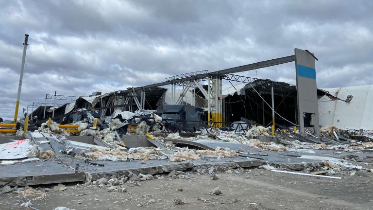 A survey photo shows the damage to an Amazon warehouse in Edwardsville following an EF3 tornado on Dec. 10, 2021. (Photo provided by the National Weather Service)