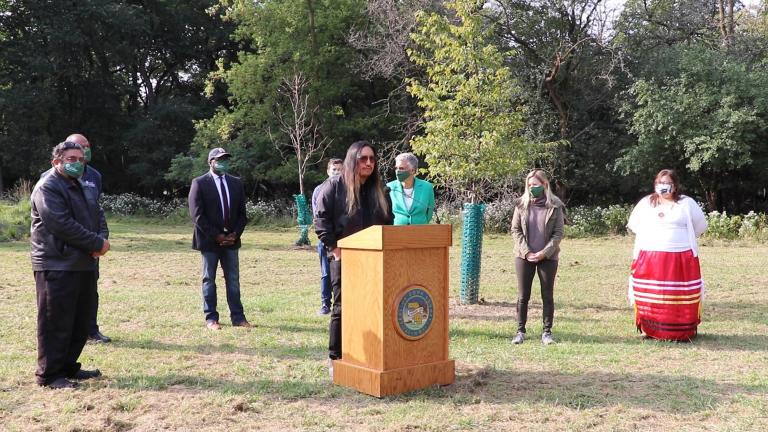Artist Santiago X discusses his work Serpent Mound, a group of effigy mounds in Schiller Woods reminiscent of the earthwork built by Indigenous people, on Tuesday, Sept. 15, 2020. (Evan Garcia / WTTW News)