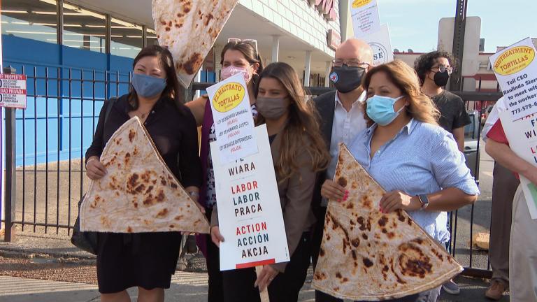 Production line workers at the El Milagro tortilla factories have been organizing walkouts and rallies with the help of workers' rights group Arise Chicago. (WTTW News)