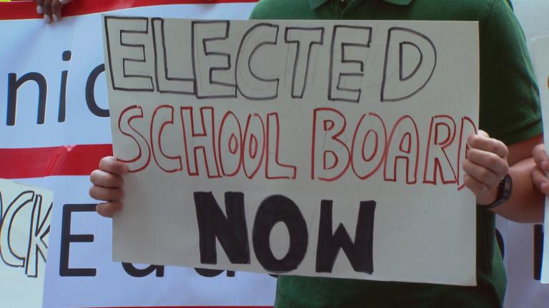 Supporters of an elected school board demonstrate in April 2019. (WTTW News)