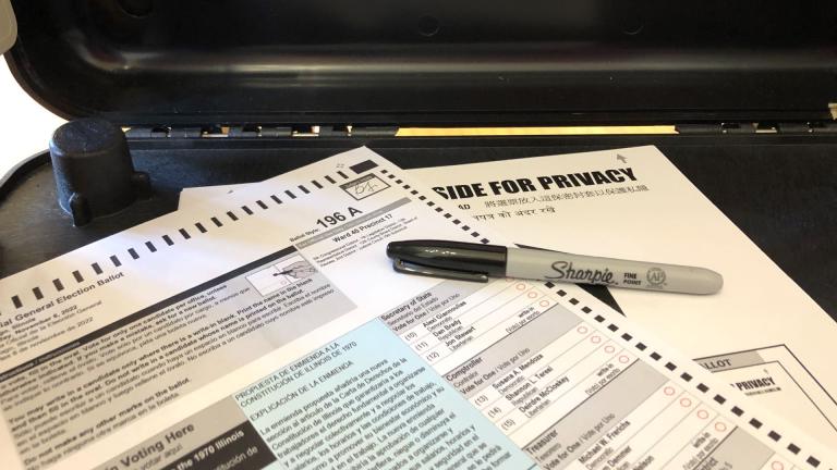 A two-page ballot and "Sharpie bleed-through" were the two biggest issues at the polls in Chicago on Election Day, Nov. 8, 2022. (Patty Wetli / WTTW News)