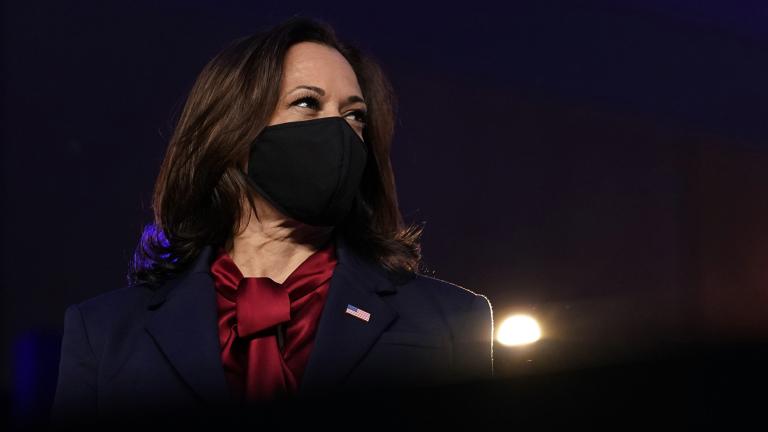 Democratic vice presidential candidate Sen. Kamala Harris, D-Calif., listens as Democratic presidential candidate former Vice President Joe Biden speaks Friday, Nov. 6, 2020, in Wilmington, Del. (AP Photo / Carolyn Kaster)