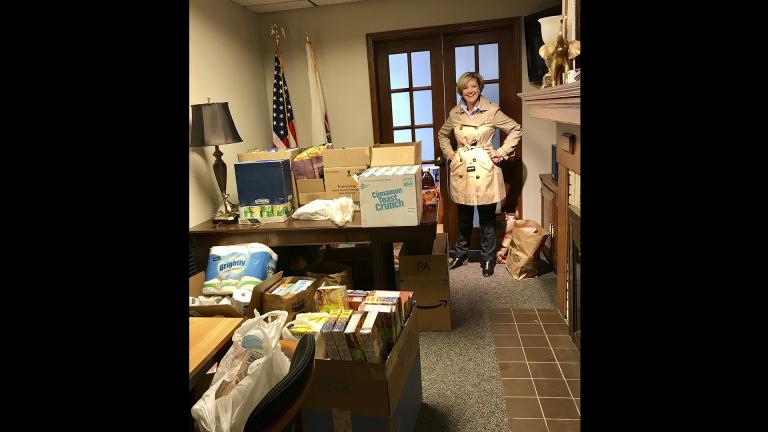 In this April 29, 2020, photo provided by the Jeanne Ives for Congress campaign shows, Jeanne Ives, Republican candidate for Illinois' 6th congressional district, in her campaign headquarters in Wheaton, with some of the food donated in a weekend food drive sponsored by her campaign.  (Susie Samuels / Jeanne Ives for Congress via AP)