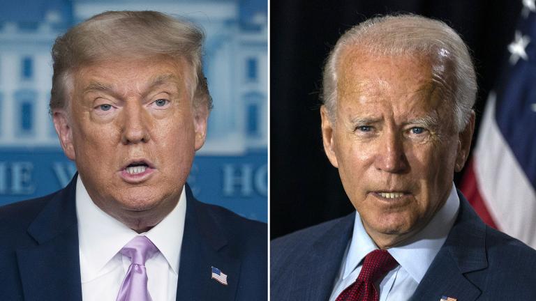In this combination photo, president Donald Trump, left, speaks at a news conference on Aug. 11, 2020, in Washington and Democratic presidential candidate former Vice President Joe Biden speaks in Wilmington, Del. on Aug. 13, 2020. (AP Photo)