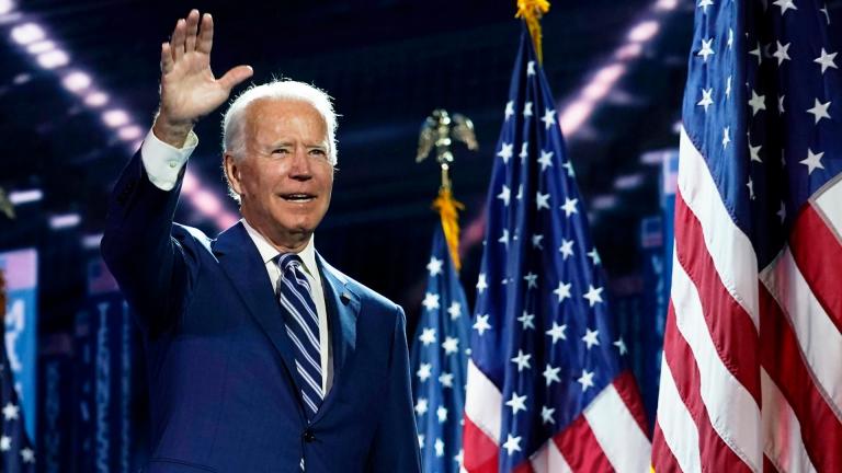 Democratic presidential candidate former Vice President Joe Biden stands on stage after Democratic vice presidential candidate Sen. Kamala Harris, D-Calif., spoke during the third day of the Democratic National Convention, Wednesday, Aug. 19, 2020, at the Chase Center in Wilmington, Del. (AP Photo / Carolyn Kaster)
