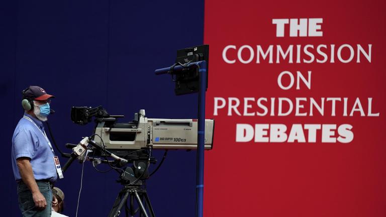 A camera operator waits for a rehearsal ahead of the first presidential debate between Republican candidate President Donald Trump and Democratic candidate former Vice President Joe Biden at the Health Education Campus of Case Western Reserve University, Monday, Sept. 28, 2020, in Cleveland. (AP Photo / Julio Cortez)