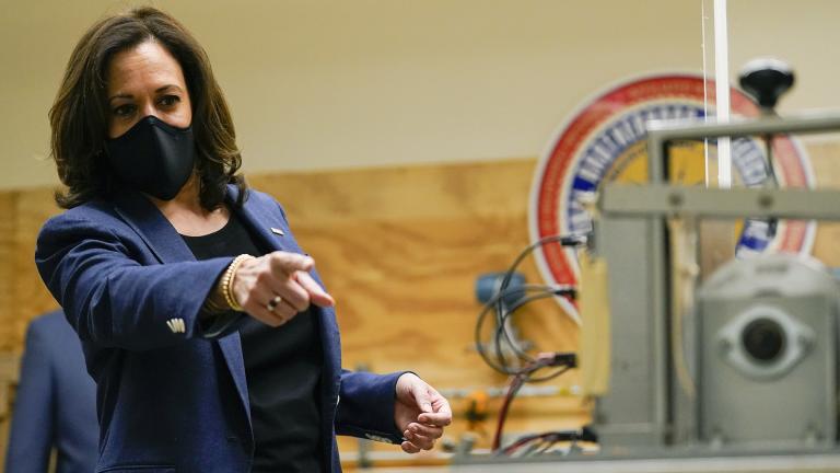 Democratic vice presidential candidate Sen. Kamala Harris, D-Calif., speaks during a tour of the IBEW 494 training facility Monday, Sept. 7, 2020, in Milwaukee. (AP Photo / Morry Gash)