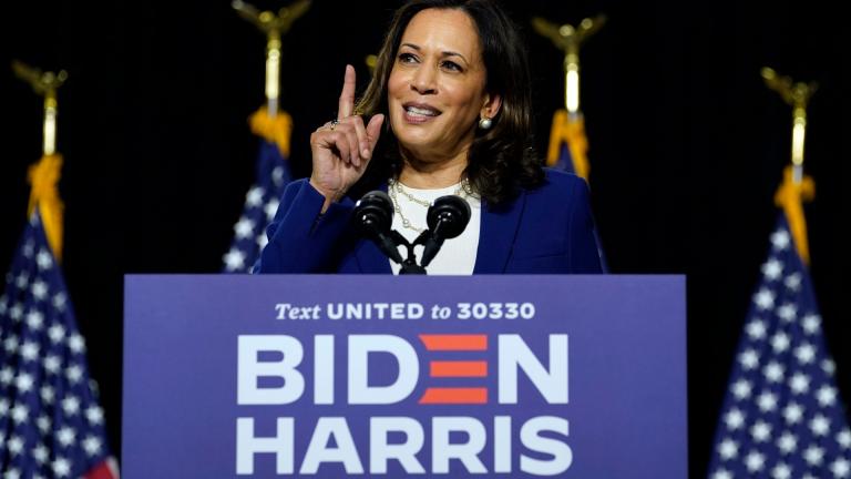 Sen. Kamala Harris, D-Calif., speaks after Democratic presidential candidate former Vice President Joe Biden introduced her as his running mate during a campaign event at Alexis Dupont High School in Wilmington, Del., Wednesday, Aug. 12, 2020. (AP Photo / Carolyn Kaster)