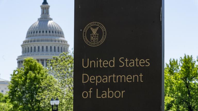 In this May 7, 2020, photo, the entrance to the Labor Department is seen near the Capitol in Washington. (AP Photo / J. Scott Applewhite)