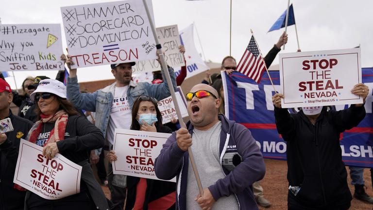 Supporters of President Donald Trump protest outside of the Clark County Elections Department in North Las Vegas, Nev., Saturday, Nov. 7, 2020. (AP Photo / John Locher)