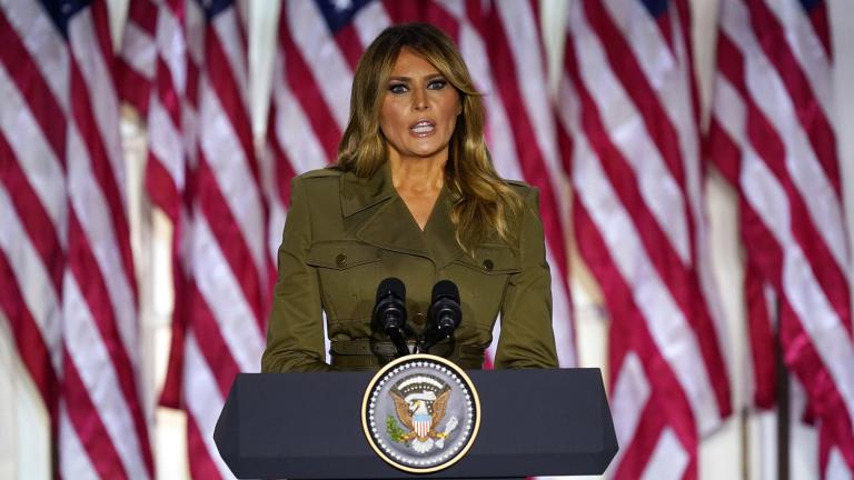 First lady Melania Trump speaks on the second day of the Republican National Convention from the Rose Garden of the White House, Tuesday, Aug. 25, 2020, in Washington. (AP Photo / Evan Vucci)