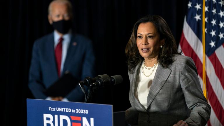 In this Aug. 13, 2020, file photo Democratic presidential candidate former Vice President Joe Biden stands left as his running mate Sen. Kamala Harris, D-Calif., speaks at the Hotel DuPont in Wilmington, Del. Democrats insist the GOP's grip on this Deep South state is weakening. (AP Photo / Carolyn Kaster, File)