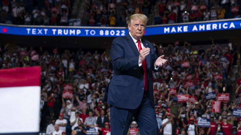 President Donald Trump arrives on stage to speak at a campaign rally at the BOK Center, Saturday, June 20, 2020, in Tulsa, Okla. (AP Photo / Evan Vucci) President Donald Trump arrives on stage to speak at a campaign rally at the BOK Center, Saturday, June 20, 2020, in Tulsa, Okla. (AP Photo / Evan Vucci)