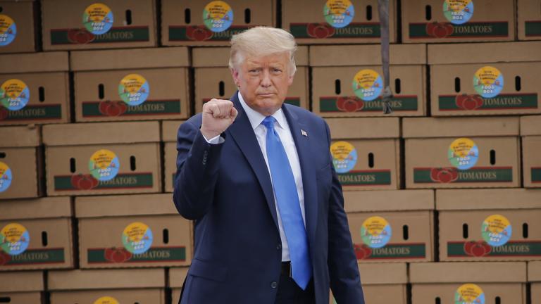 President Donald Trump arrives to speak about the “Farmers to Families Food Box Program” at Flavor First Growers and Packers, Monday, Aug. 24, 2020, in Mills River, N.C. (AP Photo / Nell Redmond)