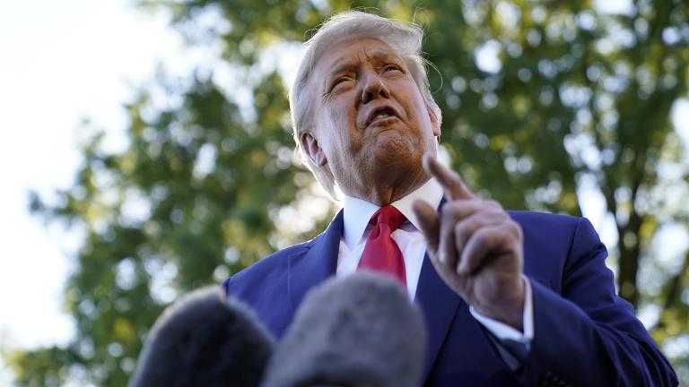 President Donald Trump speaks to reporters on the South Lawn of the White House, Monday, Sept. 21, 2020, before leaving for a short trip to Andrews Air Force Base, Md., and then onto Ohio for rallies. (AP Photo / Andrew Harnik)