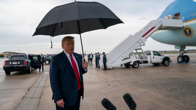 President Donald Trump speaks to reporters at Andrews Air Force Base, Md., as he returns from campaign stops in Florida and Georgia Friday, Sept. 25, 2020. (AP Photo / Evan Vucci) President Donald Trump speaks to reporters at Andrews Air Force Base, Md., as he returns from campaign stops in Florida and Georgia Friday, Sept. 25, 2020. (AP Photo / Evan Vucci)