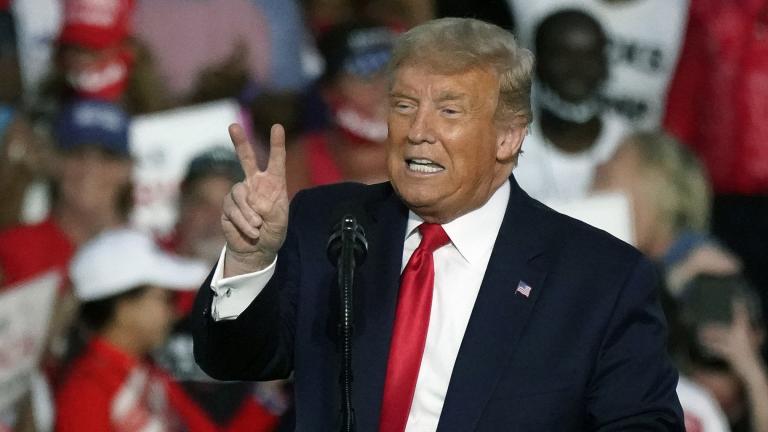 President Donald Trump speaks at a campaign rally at the Orlando Sanford International Airport Monday, Oct. 12, 2020, in Sanford, Fla. (AP Photo / John Raoux)