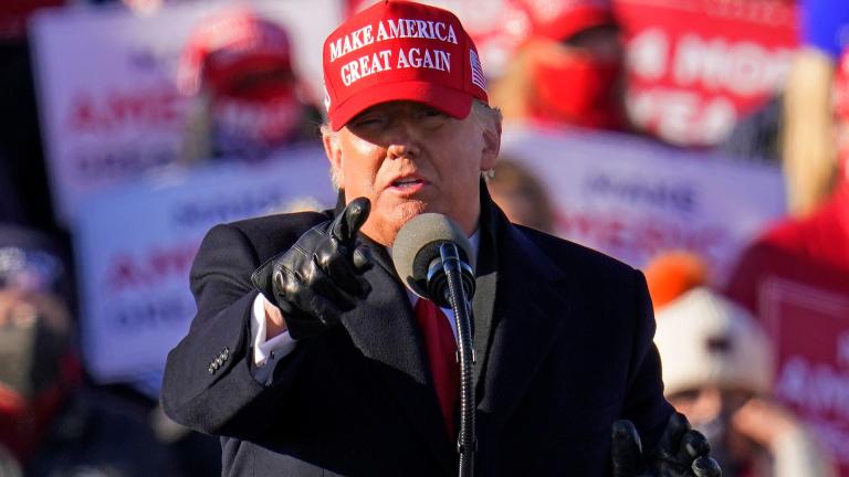 President Donald Trump gestures while addressing a campaign rally at the Wilkes-Barre Scranton International Airport in Avoca, Pa, Monday, Nov. 2, 2020. (AP Photo / Gene J. Puskar)