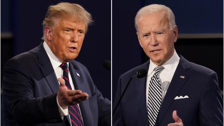 This combination of Sept. 29, 2020, file photos shows President Donald Trump, left, and former Vice President Joe Biden during the first presidential debate at Case Western University and Cleveland Clinic, in Cleveland, Ohio. (AP Photo / Patrick Semansky, File)