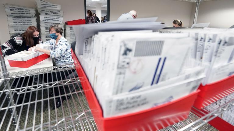 In this Nov. 5, 2020, photo, Lehigh County workers count ballots as vote counting in the general election continues in Allentown, Pa. (AP Photo / Mary Altaffer)