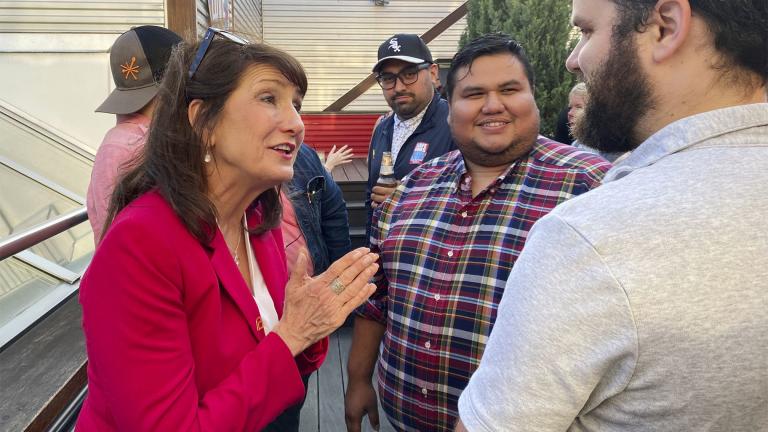 Rep. Marie Newman, D-Ill., speaks with supporters at a campaign fundraiser May 9, 2022, in Chicago. The first-term Democrat is among the women members of the U.S. House of Representatives whose reelection bid grew more difficult due to the drawing of new congressional boundaries, known as redistricting. (AP Photo / Sara Burnett)