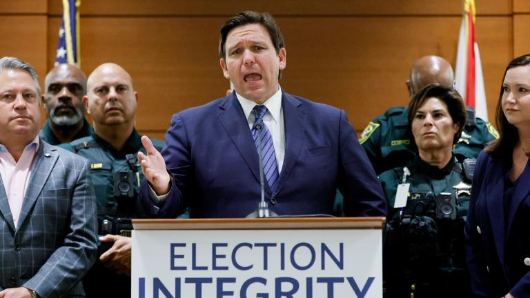 Florida Gov. Ron DeSantis speaks during a news conference at the Broward County Courthouse in Fort Lauderdale, Fla., Aug. 18, 2022. (Amy Beth Bennett / South Florida Sun-Sentinel via AP, File)