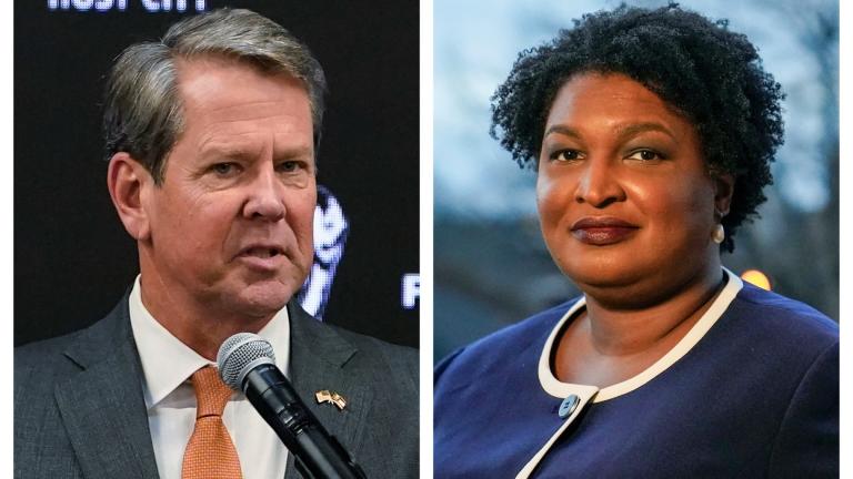 This combination of 2022 and 2021 file photos shows Georgia Gov. Brian Kemp, left, and gubernatorial Democratic candidate Stacey Abrams. (AP Photo / Brynn Anderson, File)