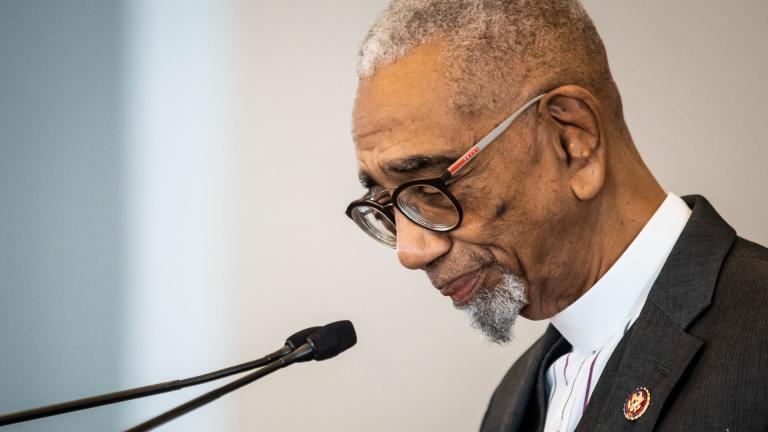 U.S. Rep. Bobby Rush, D-Ill., looks down at his notes as he announces he will not be seeking a 16th term in the U.S. House of Representatives during a news conference at Roberts Temple Church Of God In Christ in Chicago, Ill., Tuesday morning, Jan. 4, 2022. Rush, 75, a former Black Panther and an ex-Chicago alderman and minister, was first elected to Congress in 1992. (Ashlee Rezin / Chicago Sun-Times via AP)