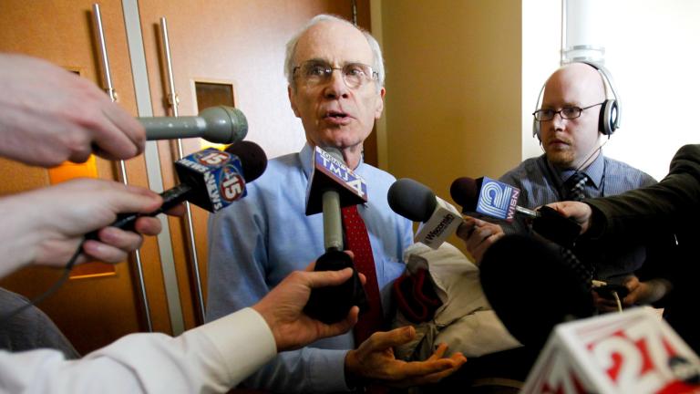 Wisconsin Secretary of State Doug La Follette speaks to reporters after a hearing on April 1, 2011, in Dane County Circuit Court in Madison, Wis. La Follette has said he decided to run again to stop Republicans from meddling with elections. (Michael P. King / Wisconsin State Journal via AP, Pool, File)
