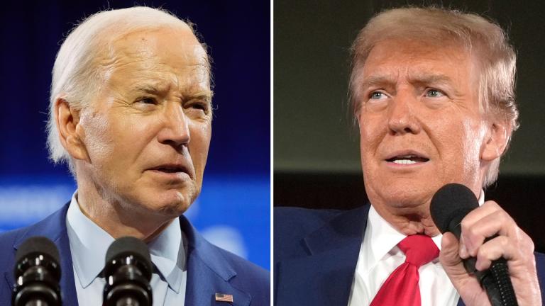 In this combination photo, President Joe Biden speaks May 2, 2024, in Wilmington, N.C., left, and Republican presidential candidate former President Donald Trump speaks at a campaign rally, May 1, 2024, in Waukesha, Wis. (AP Photo)