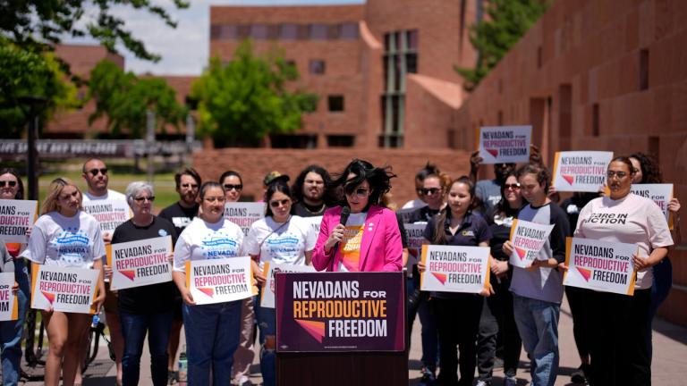 Lindsey Harmon, President, Nevadans for Reproductive Freedom, speaks during a news conference by Nevadans for Reproductive Freedom, Monday, May 20, 2024, in Las Vegas. (AP Photo / John Locher, File)