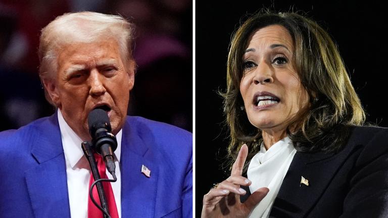 This combination of photos shows Republican presidential candidate former President Donald Trump, left, speaking at a campaign rally at Madison Square Garden, Oct. 27, 2024, in New York, and Democratic presidential nominee Vice President Kamala Harris, right, speaking at a campaign event at the Ellipse near the White House in Washington, Oct. 29, 2024. (AP Photo)