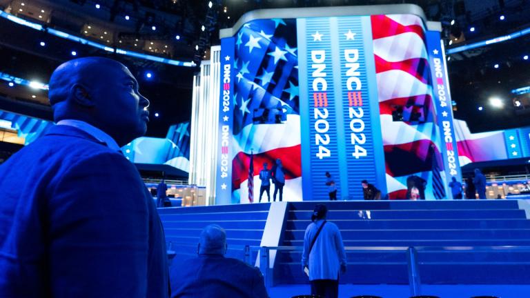 Jaime Harrison, Democratic National Committee chair, watches as preparations are made before the upcoming Democratic National Convention, Thursday, Aug. 15, 2024, in Chicago. (AP Photo / Alex Brandon)