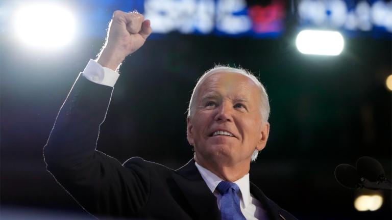 President Joe Biden speaks during the first day of Democratic National Convention, Monday, Aug. 19, 2024, in Chicago. (Jacquelyn Martin / AP Photo)