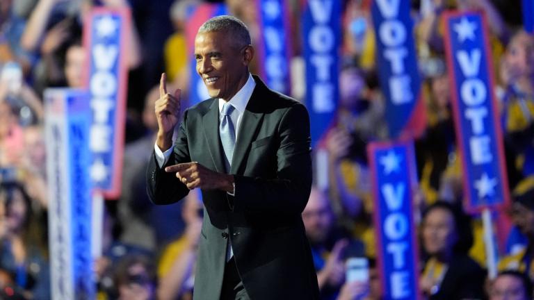 Former President Barack Obama speaks during the Democratic National Convention Tuesday, Aug. 20, 2024, in Chicago. (Charles Rex Arbogast / AP Photo)