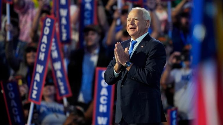 Democratic vice presidential nominee Minnesota Gov. Tim Walz speaks during the Democratic National Convention Wednesday, Aug. 21, 2024, in Chicago. (Charles Rex Arbogast / AP Photo)