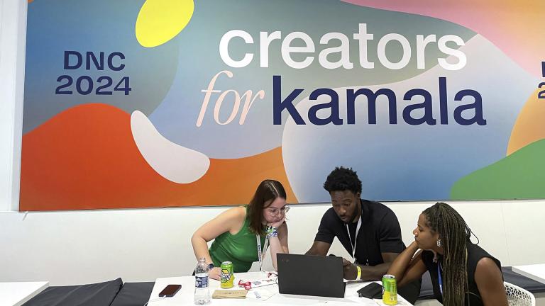 Content creators are pictured at the Democratic National Convention at the United Center in Chicago, Wednesday, Aug. 21, 2024. (AP Photo / Matt Brown) Content creators are pictured at the Democratic National Convention at the United Center in Chicago, Wednesday, Aug. 21, 2024. (AP Photo / Matt Brown)