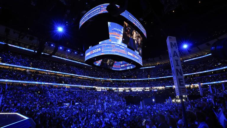 Democratic presidential nominee Vice President Kamala Harris is seen on a video monitor after the roll call during the Democratic National Convention Tuesday, Aug. 20, 2024, in Chicago. (AP Photo/Paul Sancya)
