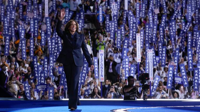 Democratic presidential nominee Vice President Kamala Harris arrives to speak on the final day of the Democratic National Convention, Thursday, Aug. 22, 2024, in Chicago. (Jacquelyn Martin / AP Photo)
