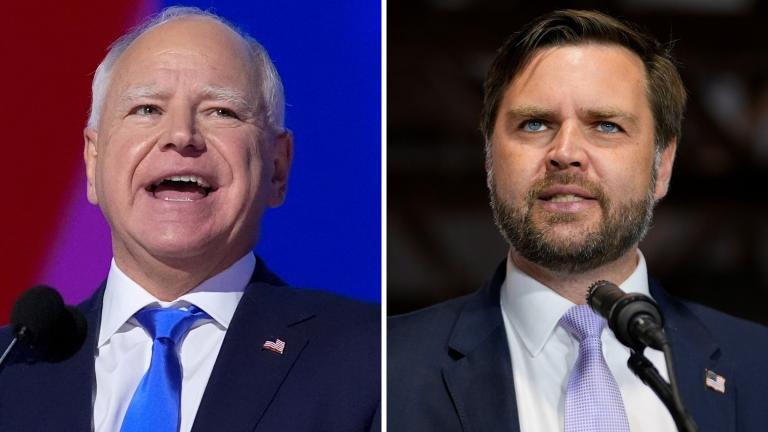 This combination of photos shows Democratic vice presidential candidate Minnesota Gov. Tim Walz, left, at the DNC on Aug. 21, 2024, in Chicago, and Republican vice presidential nominee Sen. JD Vance, R-Ohio, on Sept. 25, 2024, in Traverse City, Mich. (AP Photo)